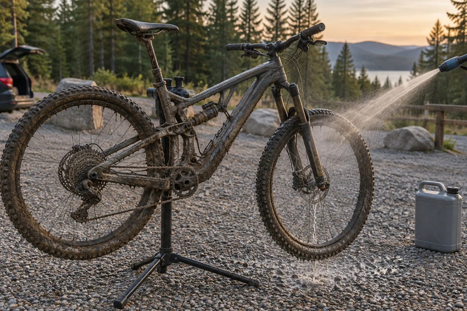 Symbolbild: verschlammtes Mountainbike auf einem Montageständer auf einem Schotterparkplatz am Waldrand, daneben ein Wasserkanister