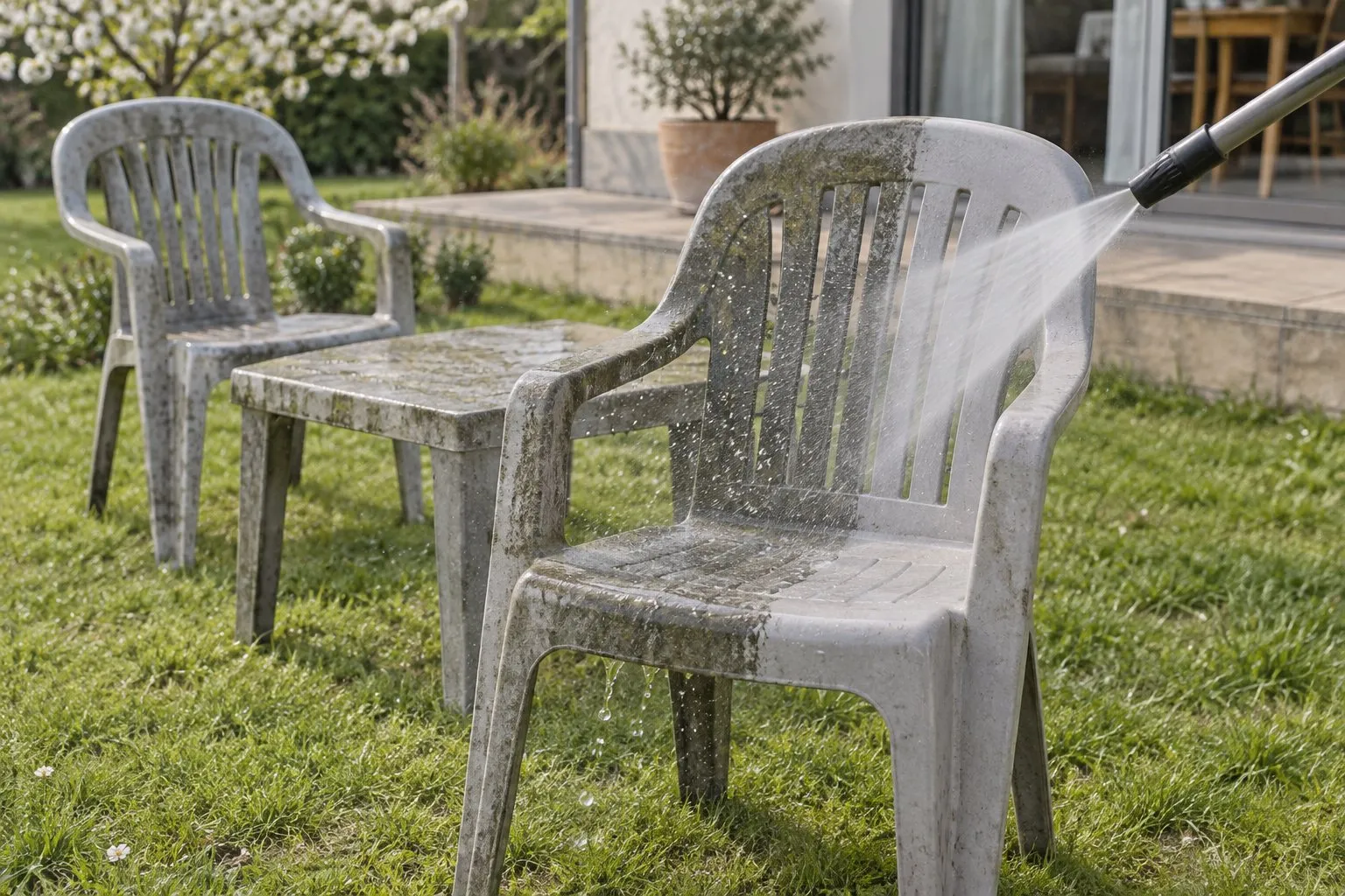 Symbolbild: veralgte Gartenstühle, auf denen ein Druckstrahl einen sauberen Streifen hinterlassen hat
