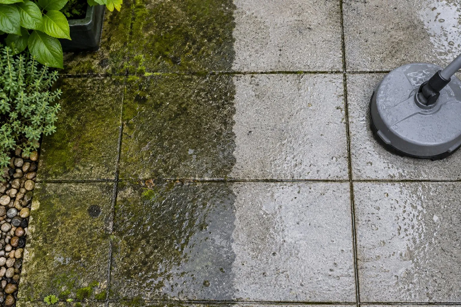 Symbolbild: Terrassenplatten mit Grünbelag, zur Hälfte gereinigt, rechts ein angeschnittener Flächenreiniger